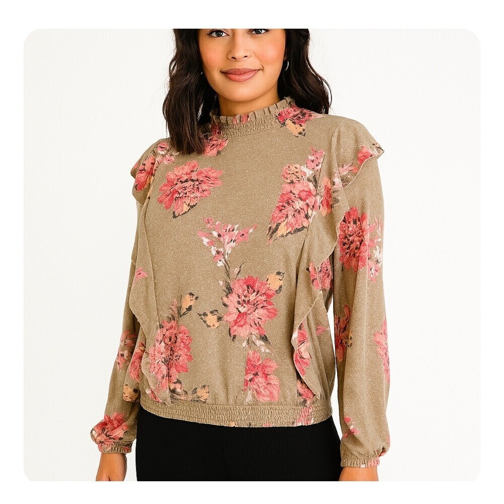 Maurices top blouse sweater beige floral mock neck ribbed waist SZ M